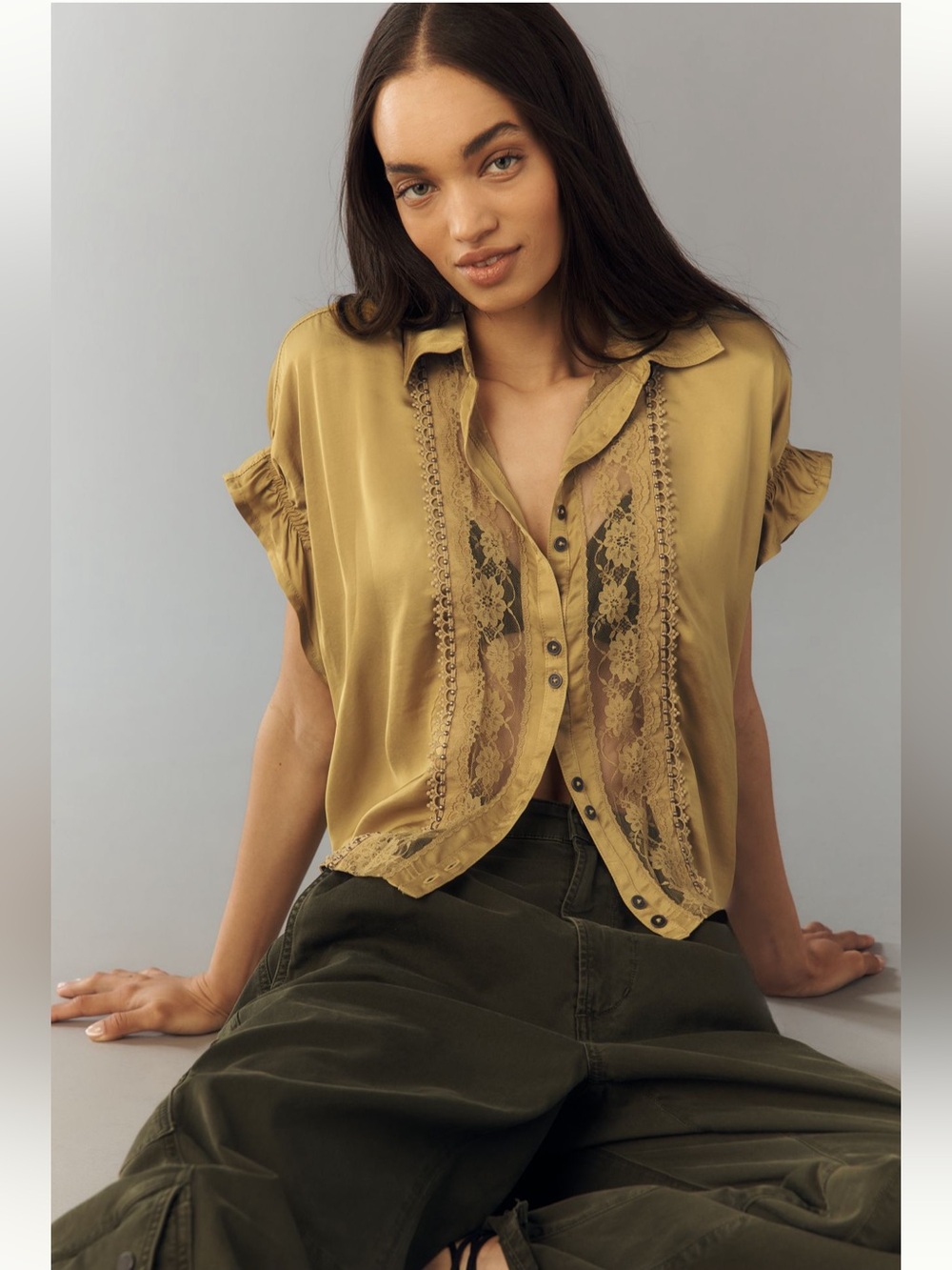 Anthropologie Quincy Lace Short-Sleeve Blouse by Pilcro - Sz M